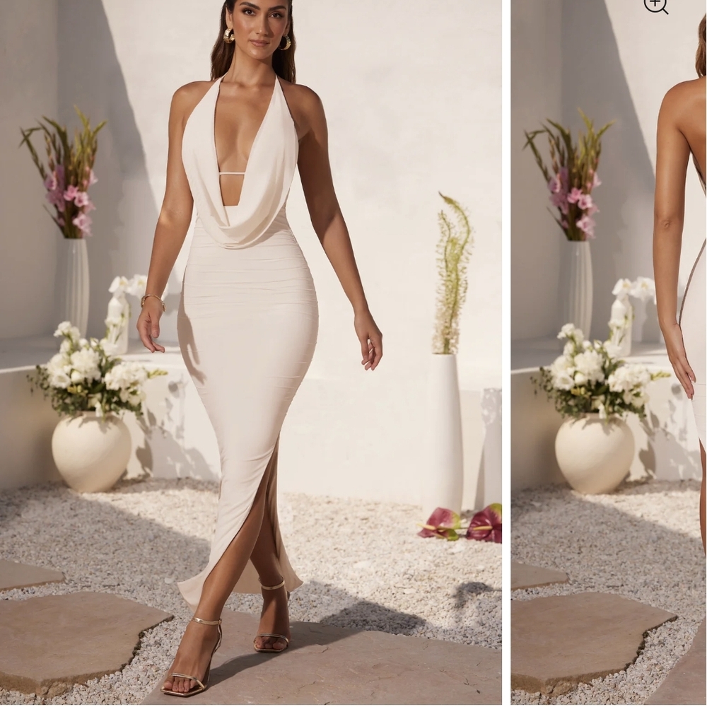 Oh Polly Cream Backless Halter Dress